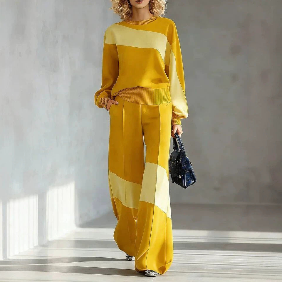 Colorblock Patchwork Crew Neck Long Sleeve Wide Leg Pant Set | Zaria Collection