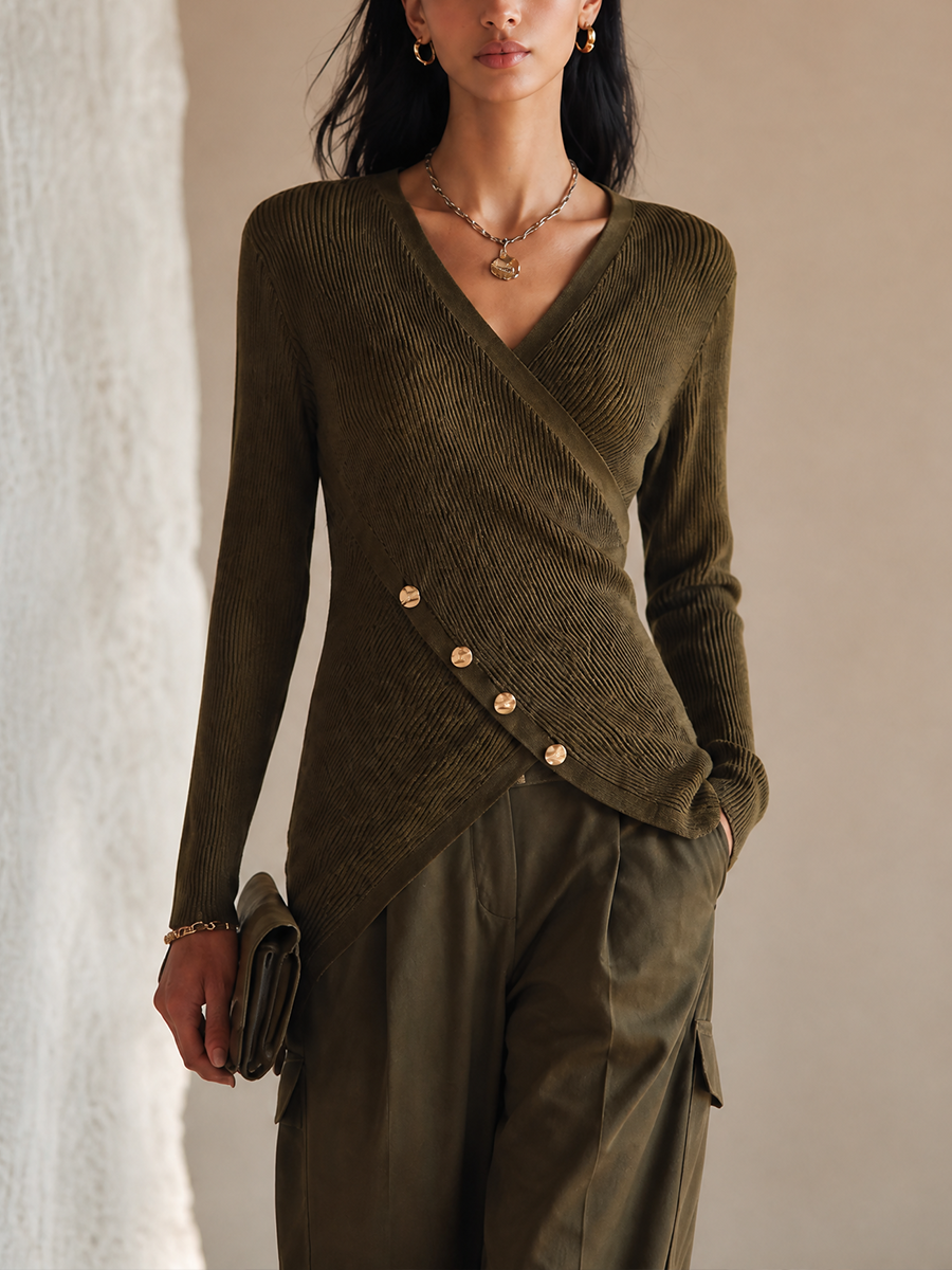 Olive Ribbed V-Neck Long Sleeve Slim Top for Work and Evening | Meridian Collection 0