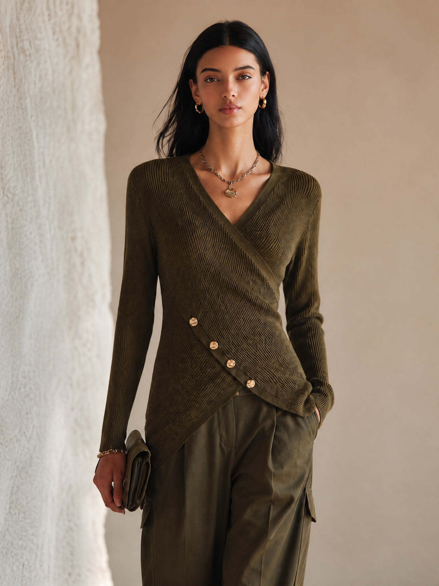Olive Ribbed V-Neck Long Sleeve Slim Top for Work and Evening | Meridian Collection 1