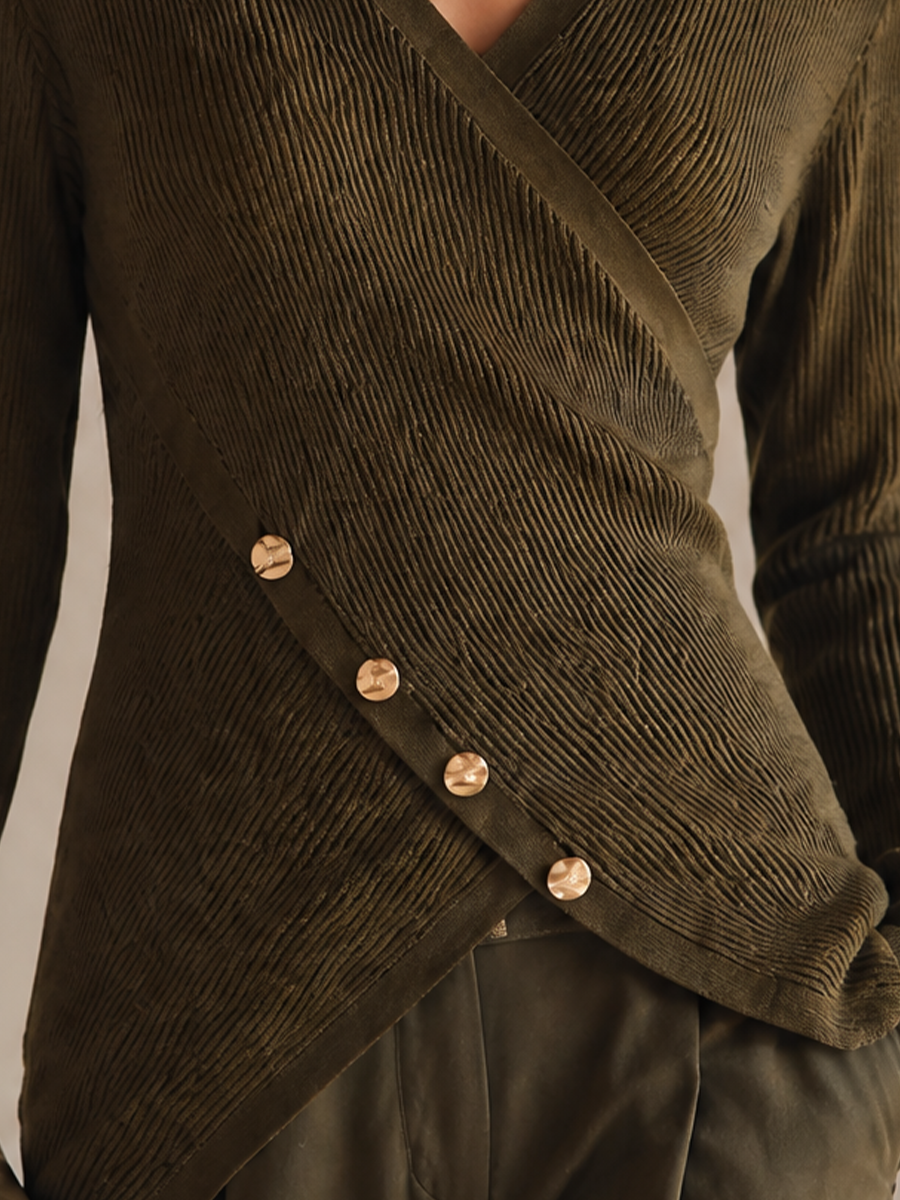 Olive Ribbed V-Neck Long Sleeve Slim Top for Work and Evening | Meridian Collection 2