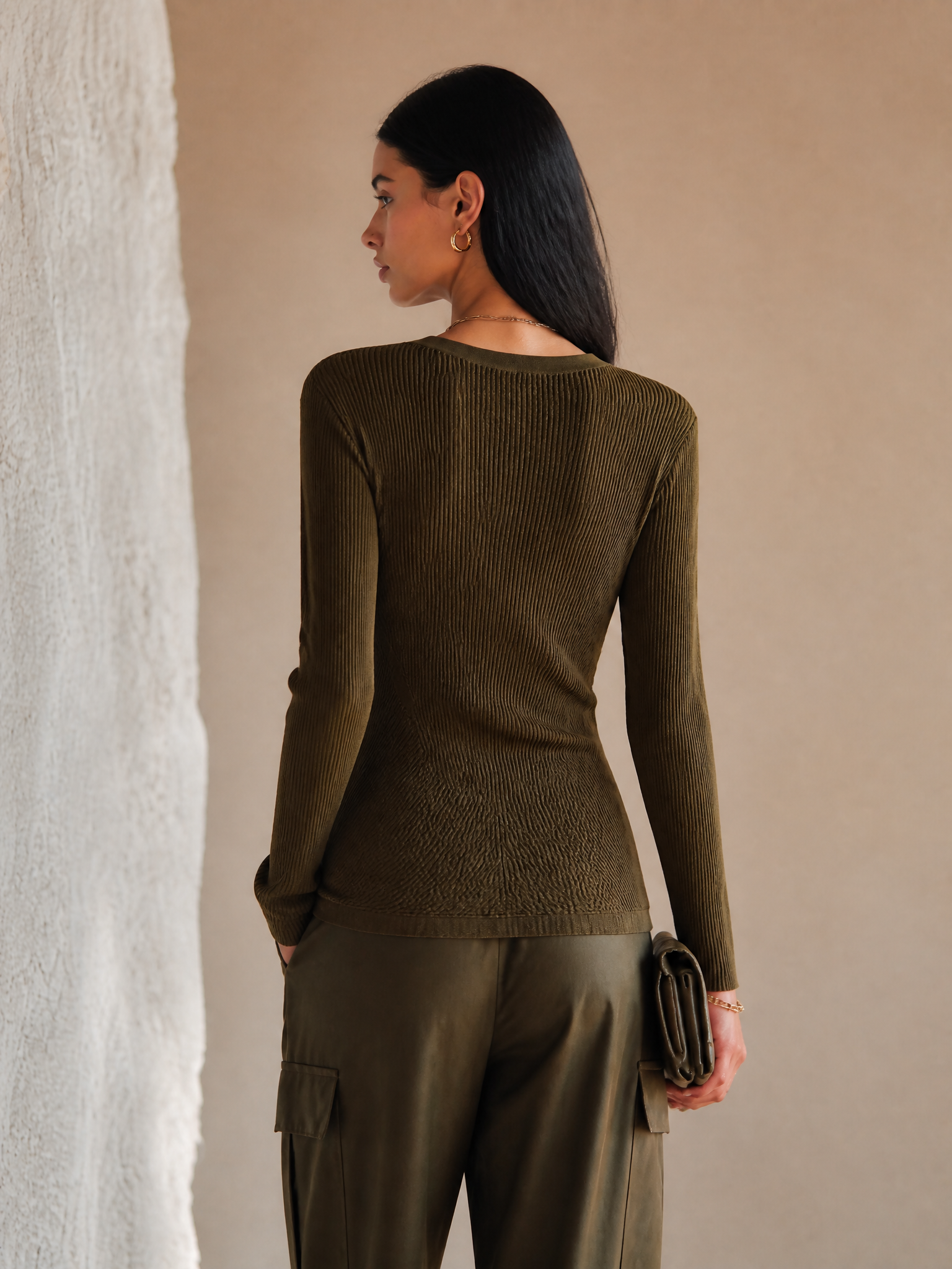 Olive Ribbed V-Neck Long Sleeve Slim Top for Work and Evening | Meridian Collection 3