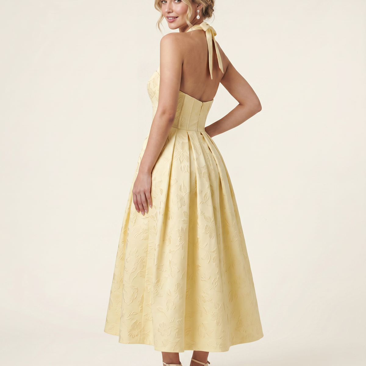 Marci | Midi Dress with Floral Jacquard and Halterneck