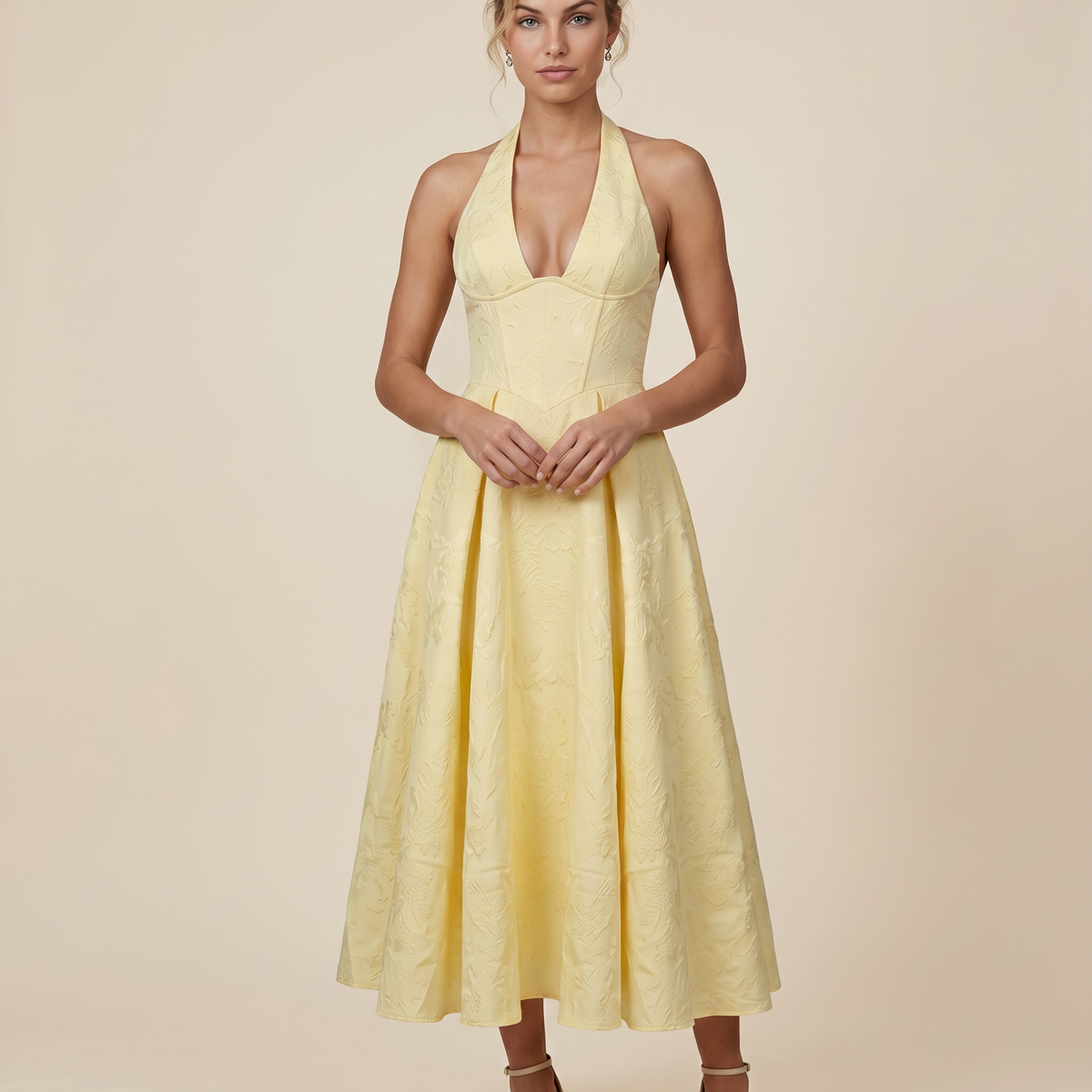 Marci | Midi Dress with Floral Jacquard and Halterneck