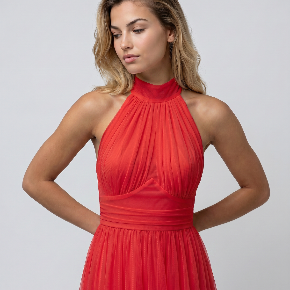 Paul | Midi Dress with Gathered Halter Neck and Fitted Waist