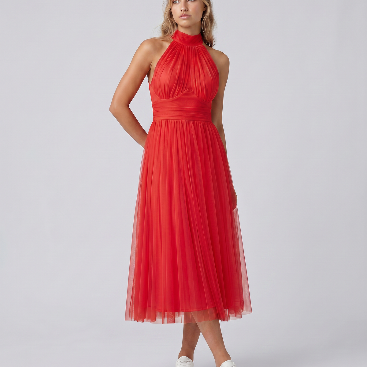 Paul | Midi Dress with Gathered Halter Neck and Fitted Waist