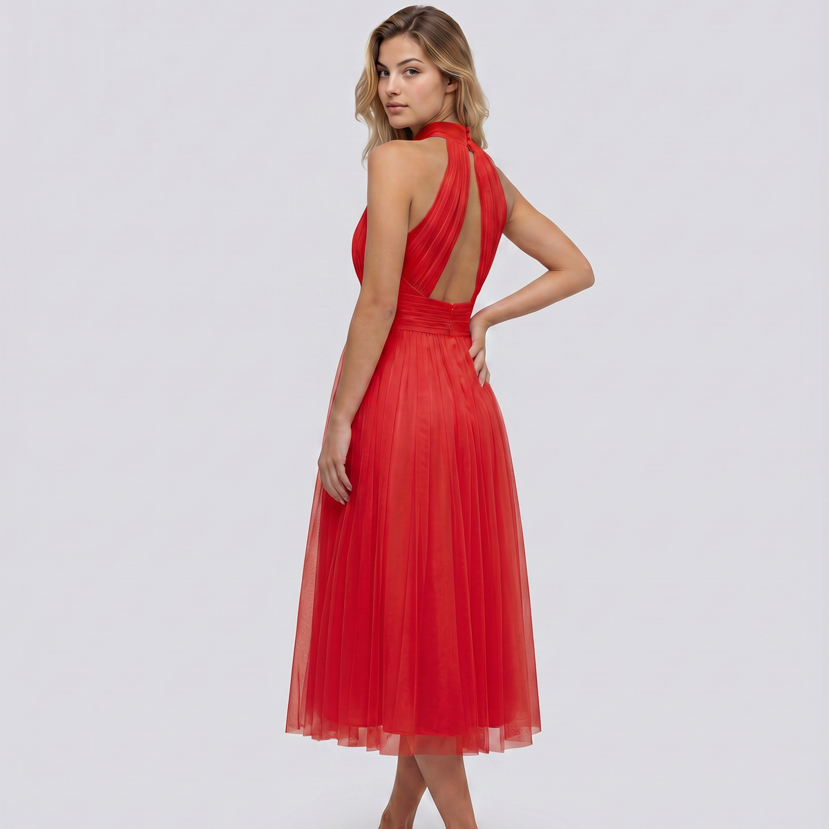 Paul | Midi Dress with Gathered Halter Neck and Fitted Waist
