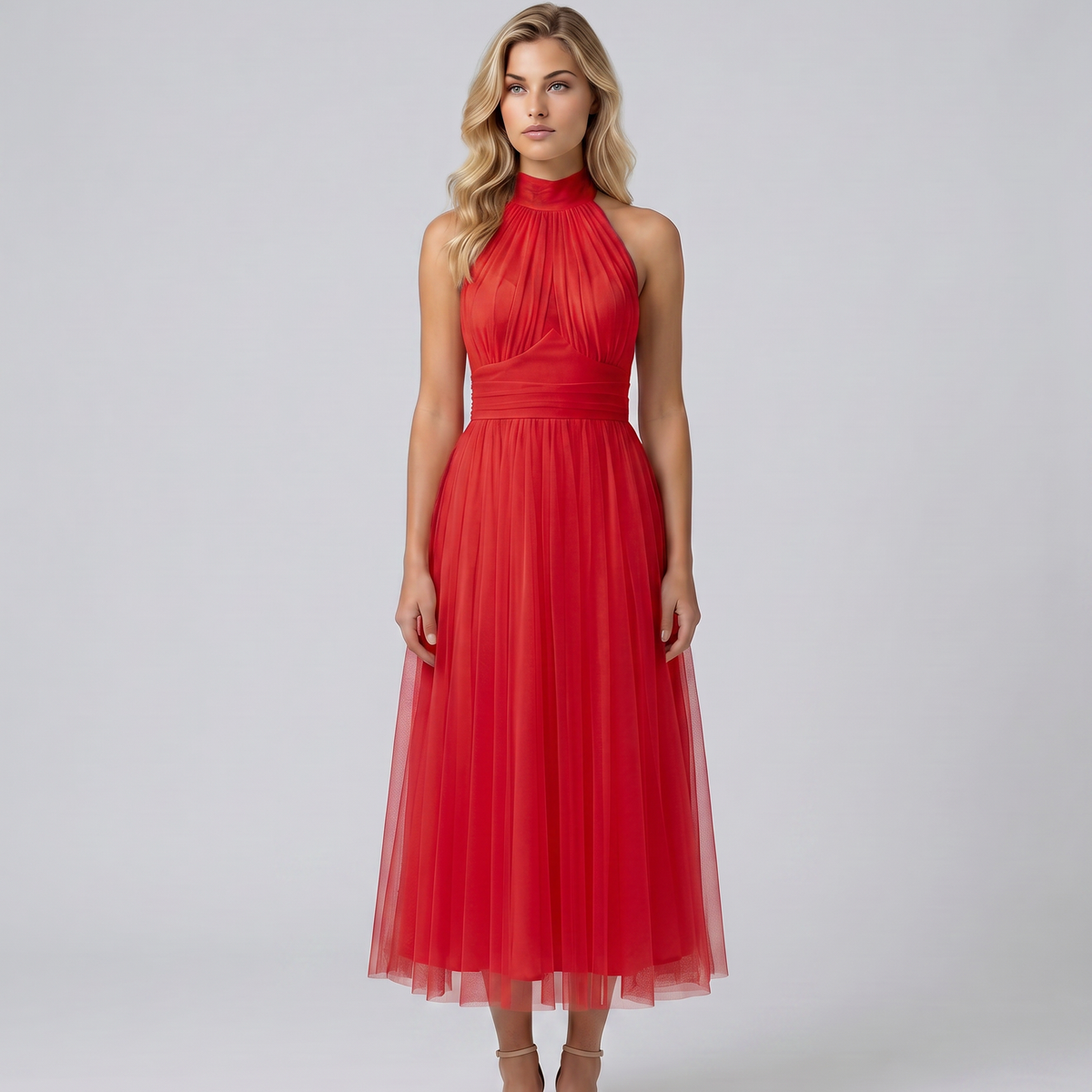 Paul | Midi Dress with Gathered Halter Neck and Fitted Waist