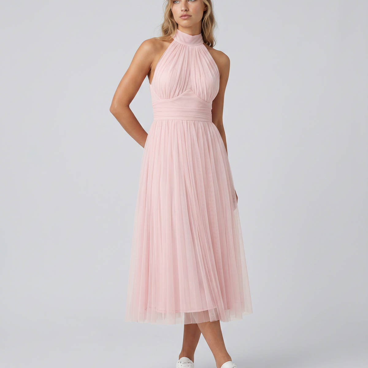 Paul | Midi Dress with Gathered Halter Neck and Fitted Waist