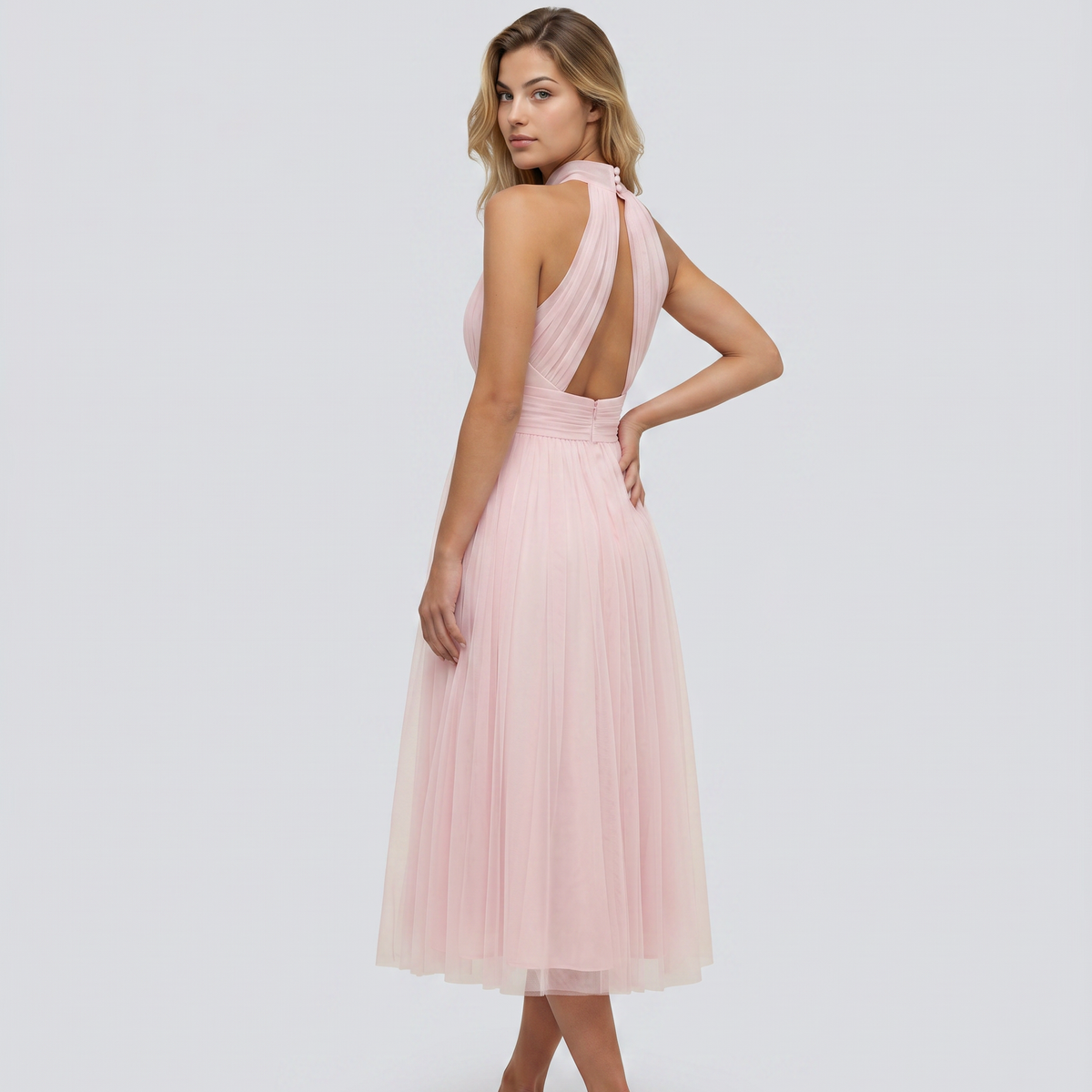 Paul | Midi Dress with Gathered Halter Neck and Fitted Waist