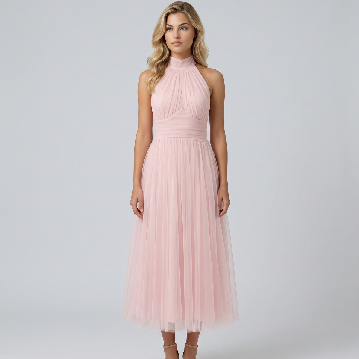 Paul | Midi Dress with Gathered Halter Neck and Fitted Waist