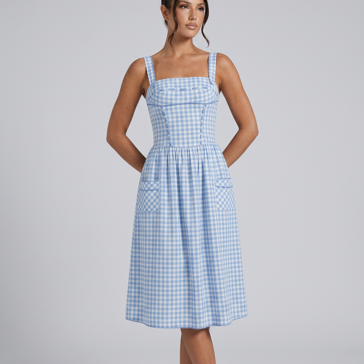 Arixa | Midi Dress with Square Neck and Front Pockets