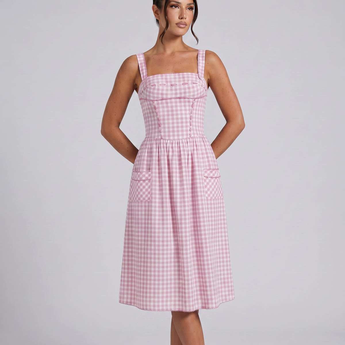 Arixa | Midi Dress with Square Neck and Front Pockets