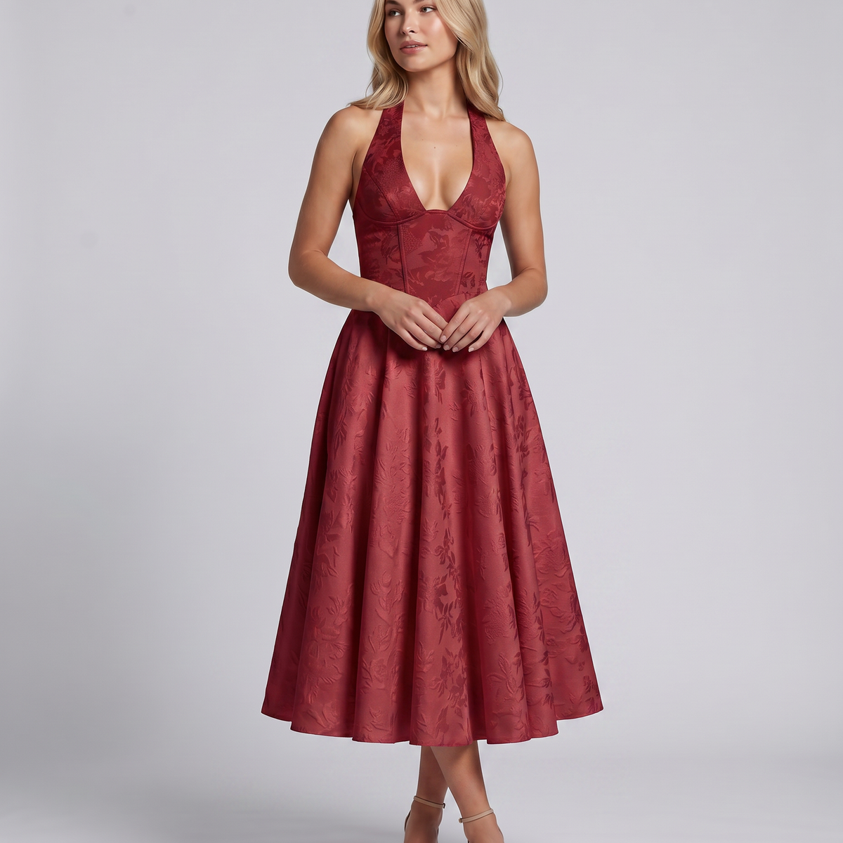 Kate | Midi Dress with Halter Neck and Corset Bodice