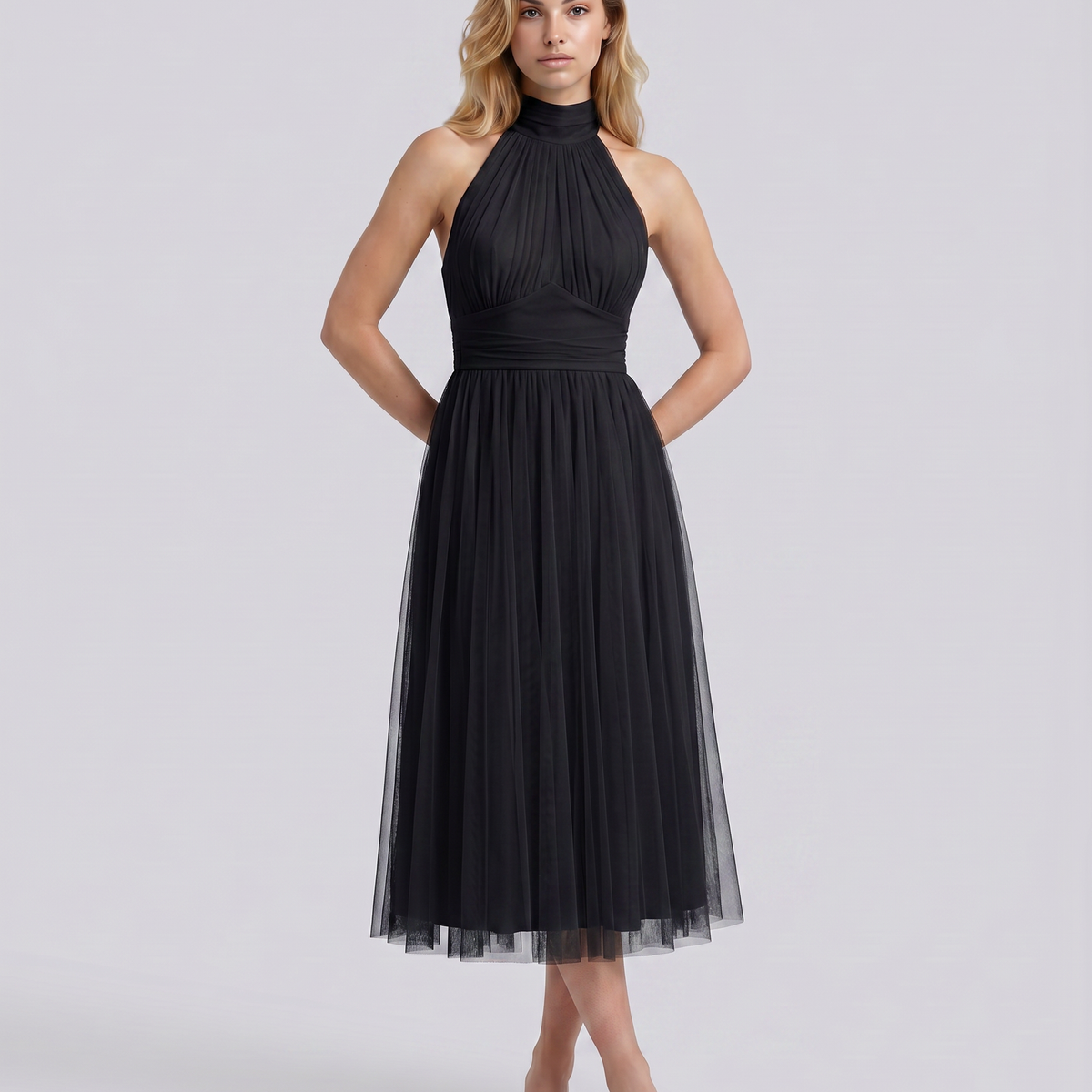 Orlena | Midi Dress with Pleated Halter Neck