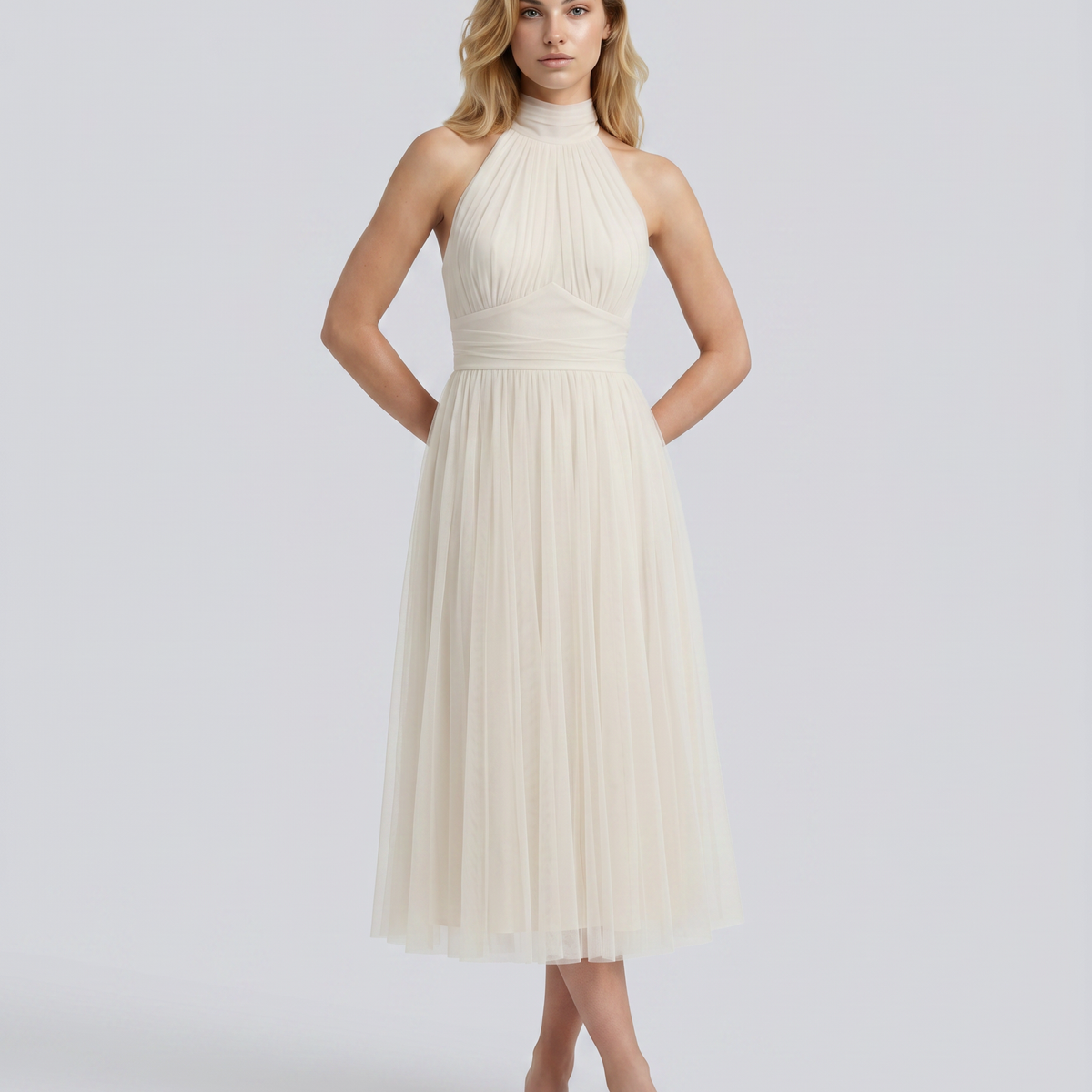 Orlena | Midi Dress with Pleated Halter Neck