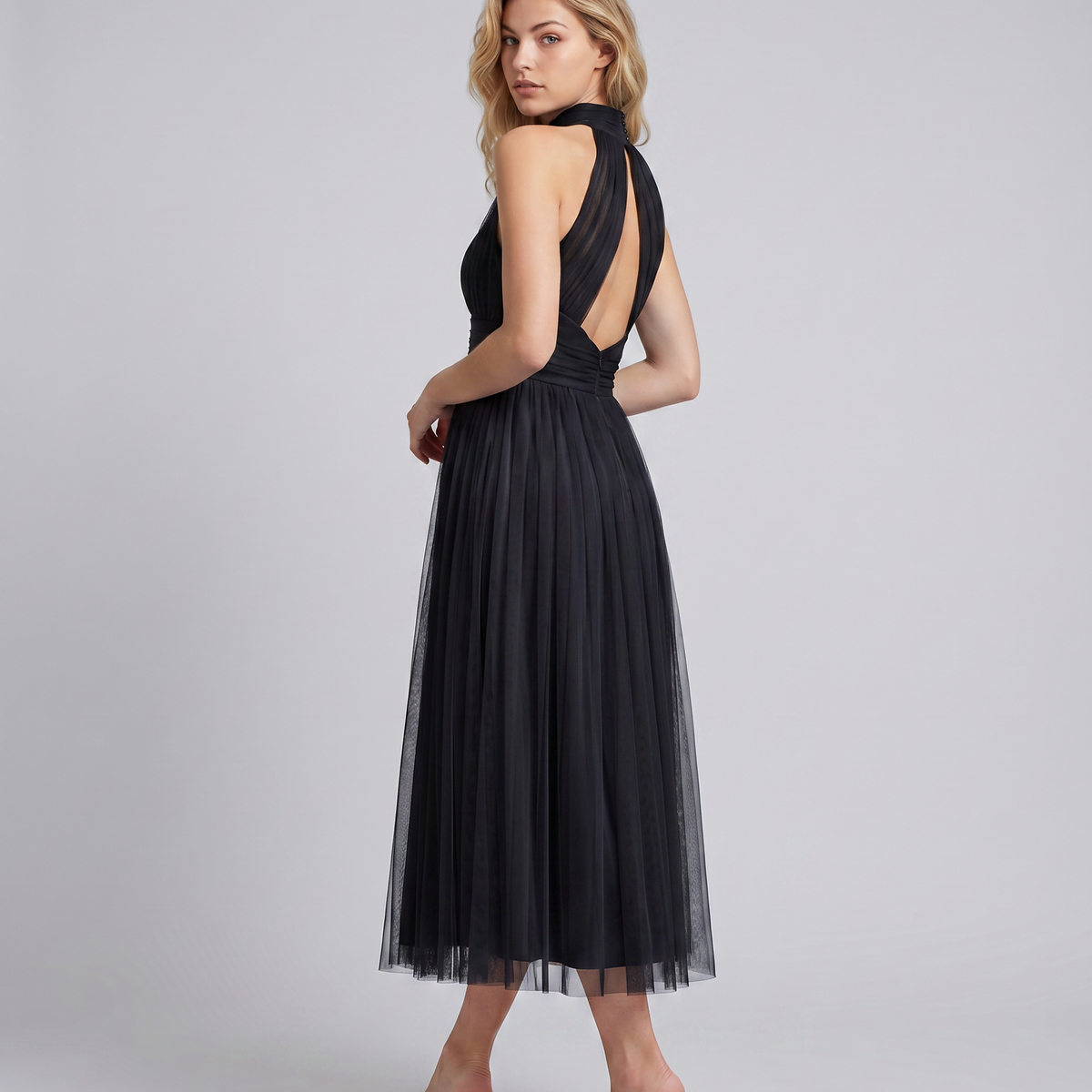Orlena | Midi Dress with Pleated Halter Neck