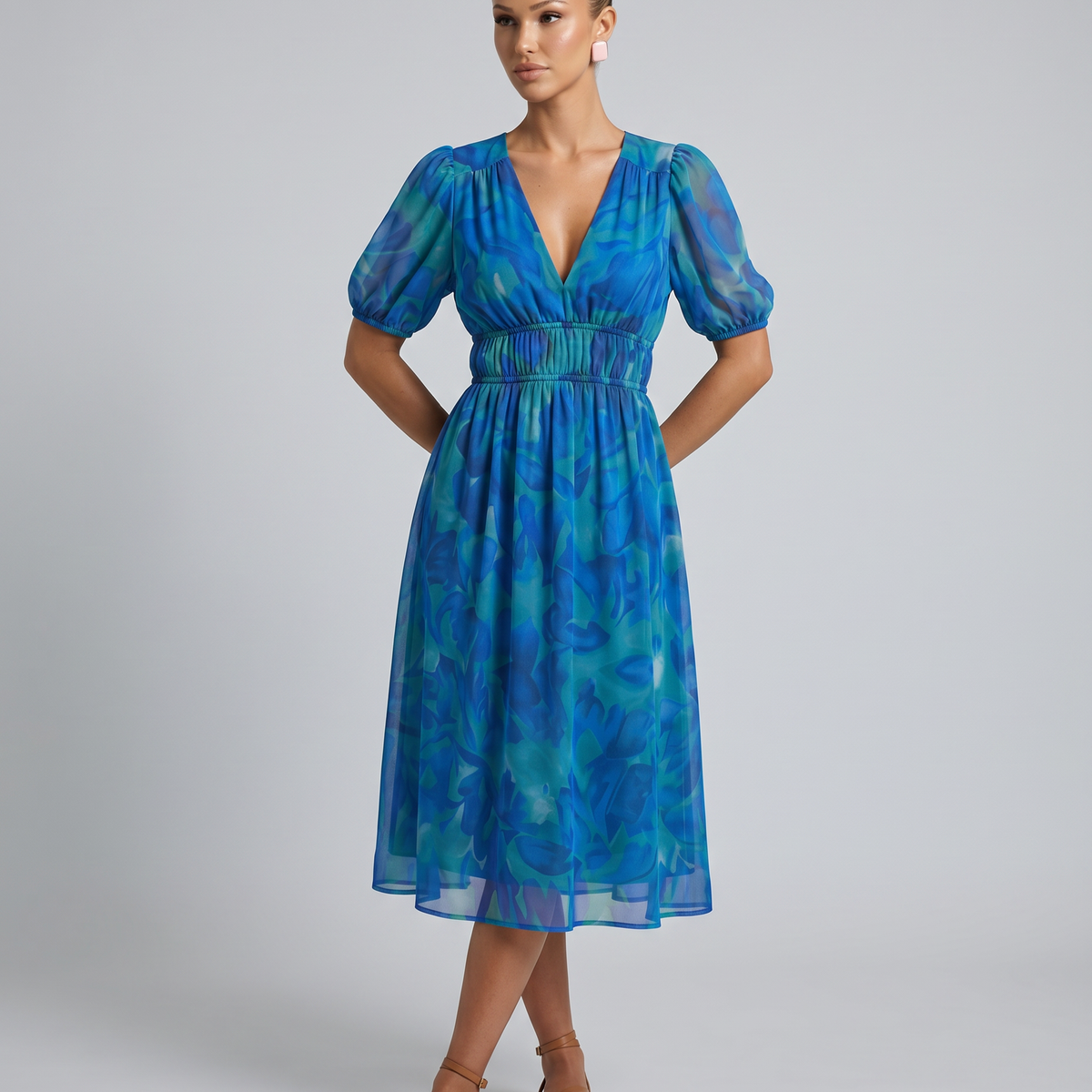 Elinae | Midi Dress with Puff Sleeves and Elastic Waist
