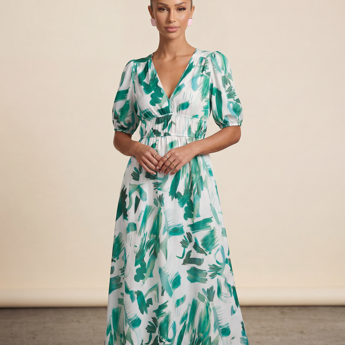 Elinae | Midi Dress with Puff Sleeves and Elastic Waist