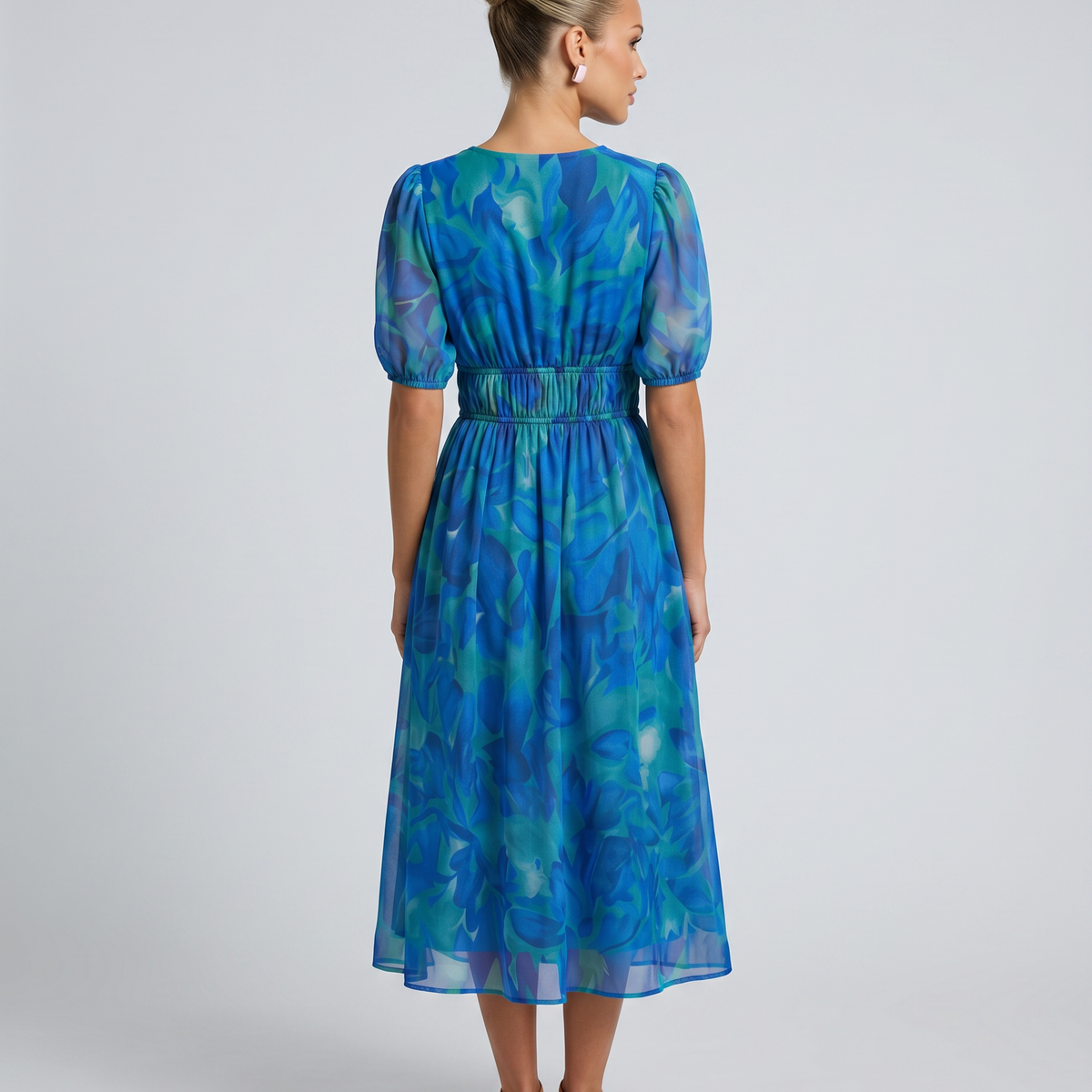 Elinae | Midi Dress with Puff Sleeves and Elastic Waist