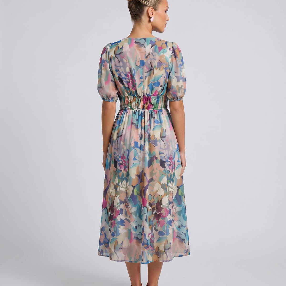 Elinae | Midi Dress with Puff Sleeves and Elastic Waist