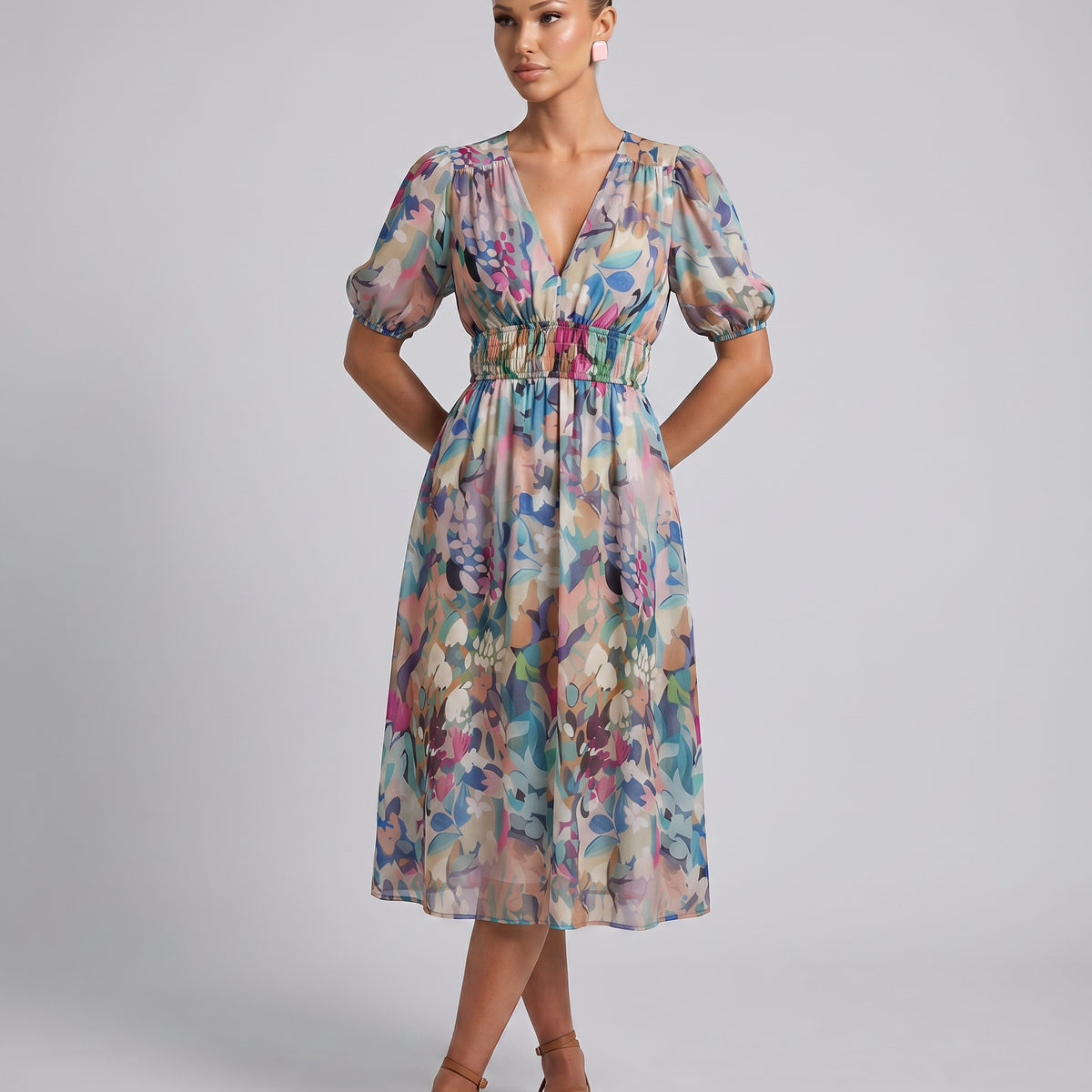 Elinae | Midi Dress with Puff Sleeves and Elastic Waist