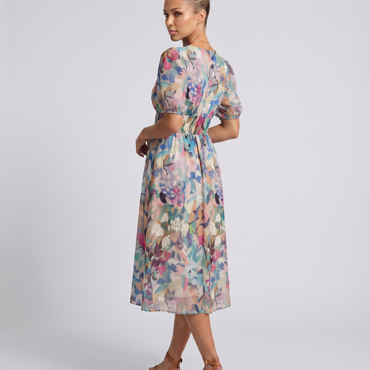 Elinae | Midi Dress with Puff Sleeves and Elastic Waist