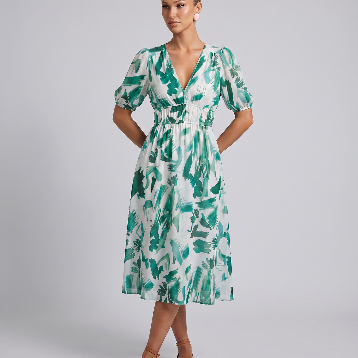 Elinae | Midi Dress with Puff Sleeves and Elastic Waist