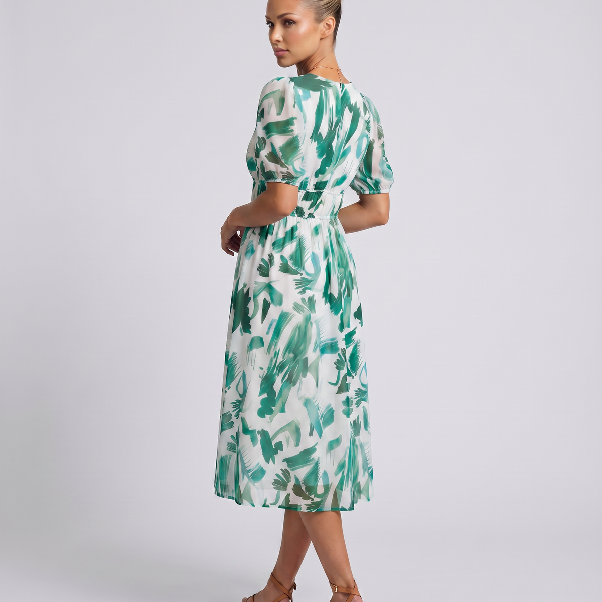 Elinae | Midi Dress with Puff Sleeves and Elastic Waist