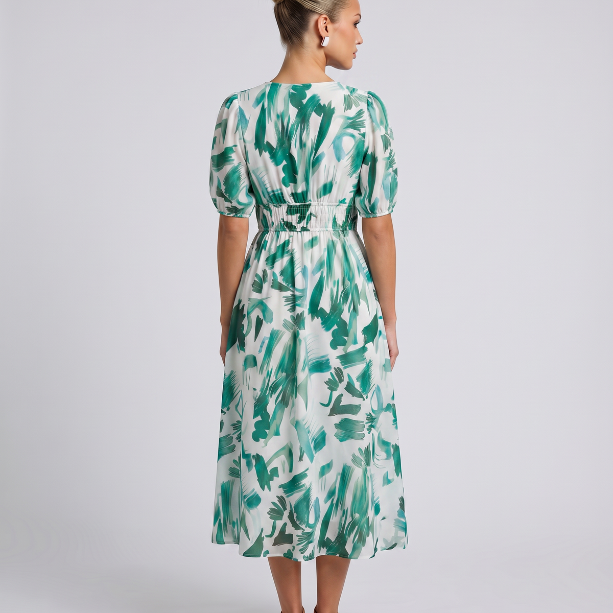 Elinae | Midi Dress with Puff Sleeves and Elastic Waist