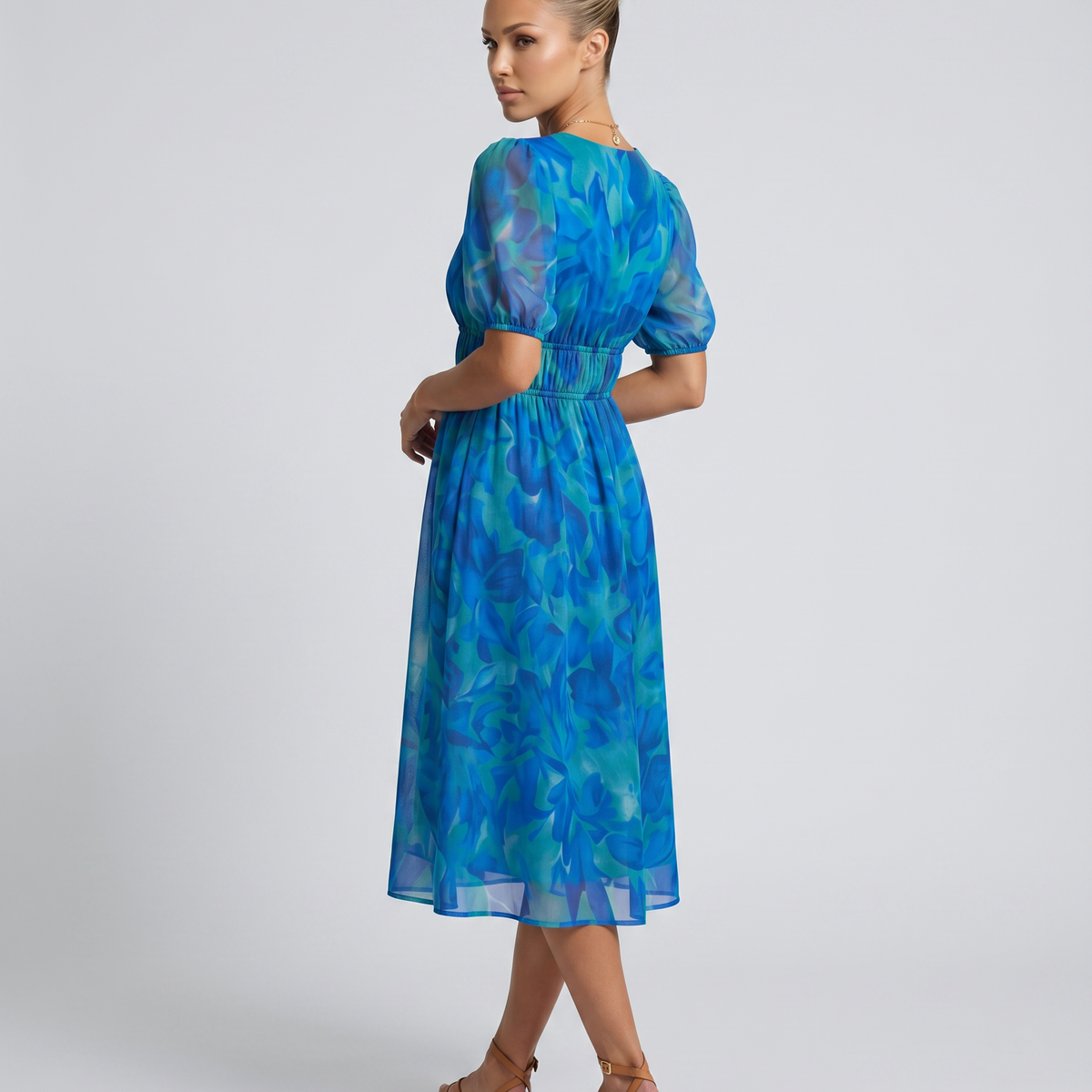 Elinae | Midi Dress with Puff Sleeves and Elastic Waist