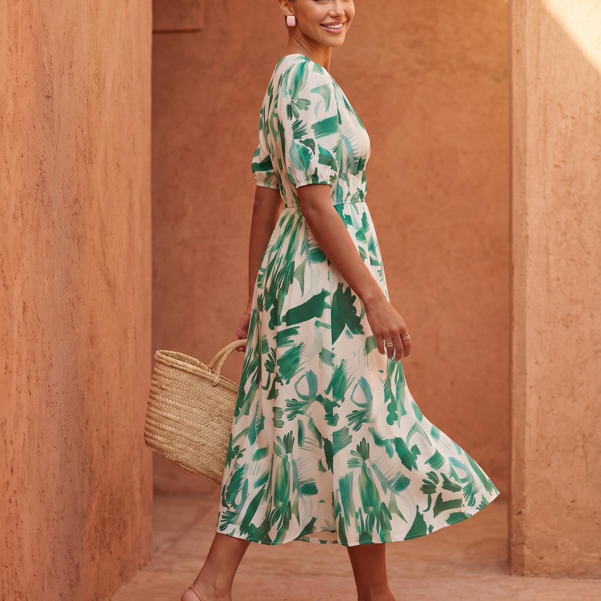 Elinae | Midi Dress with Puff Sleeves and Elastic Waist