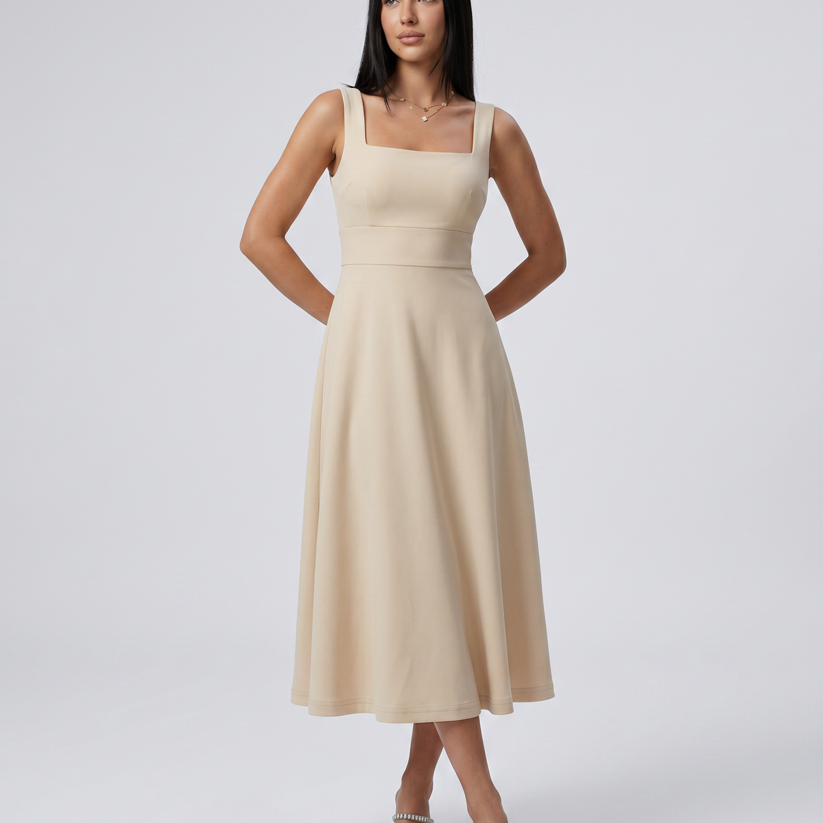 Katina | Midi Dress with Square Neck and A-Line Skirt