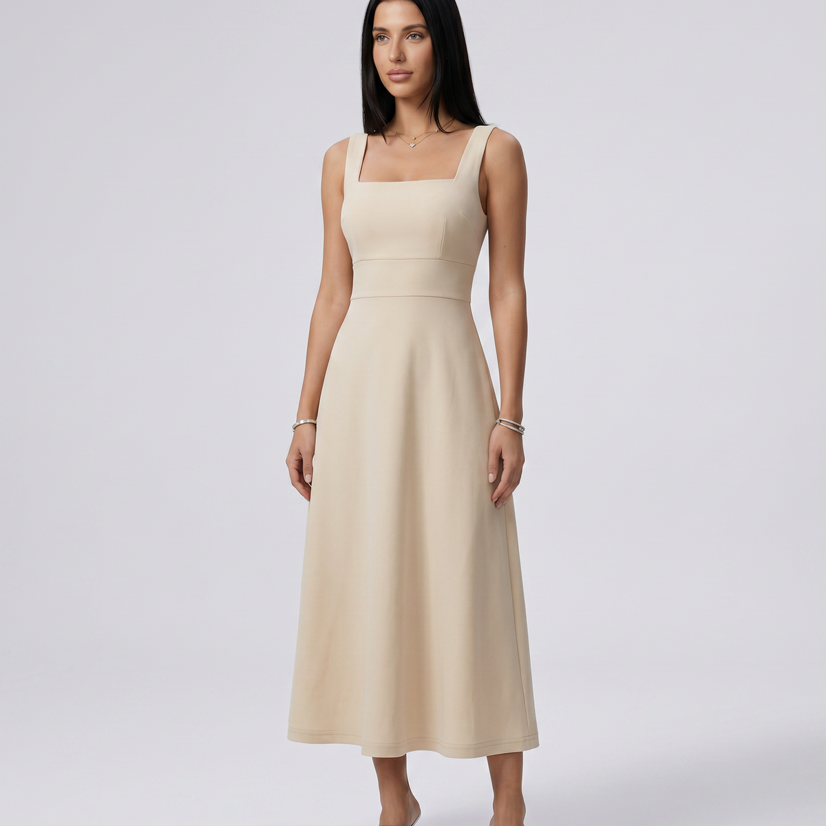 Katina | Midi Dress with Square Neck and A-Line Skirt