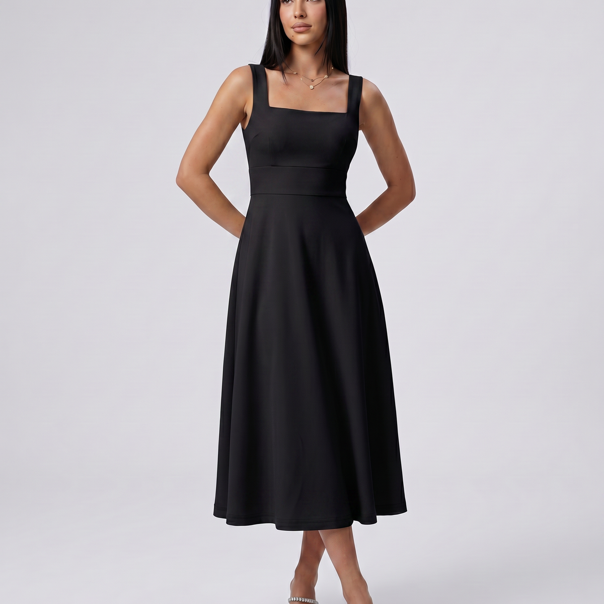 Katina | Midi Dress with Square Neck and A-Line Skirt