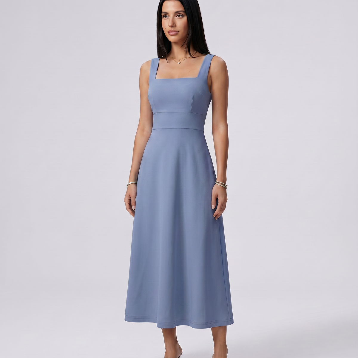 Katina | Midi Dress with Square Neck and A-Line Skirt