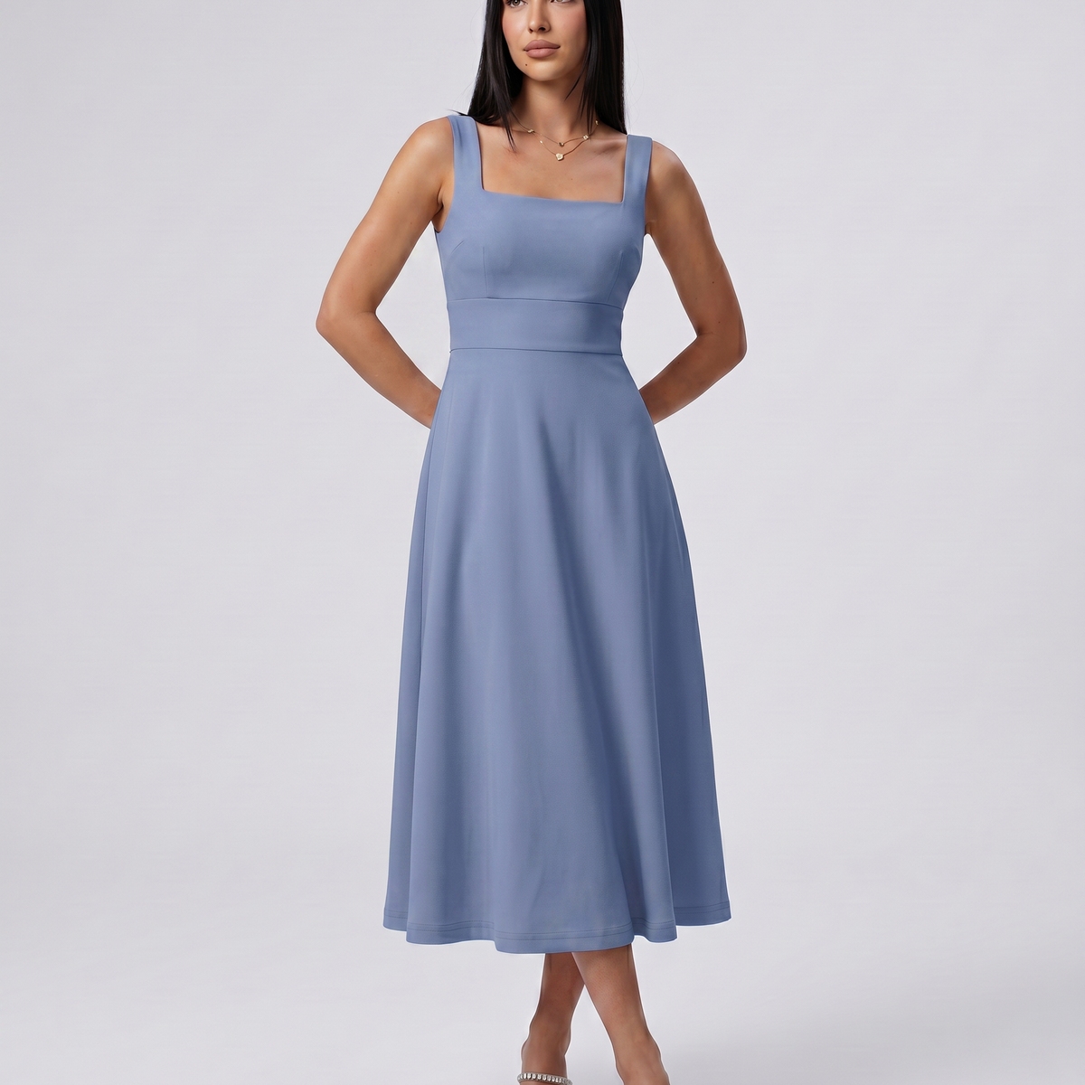 Katina | Midi Dress with Square Neck and A-Line Skirt