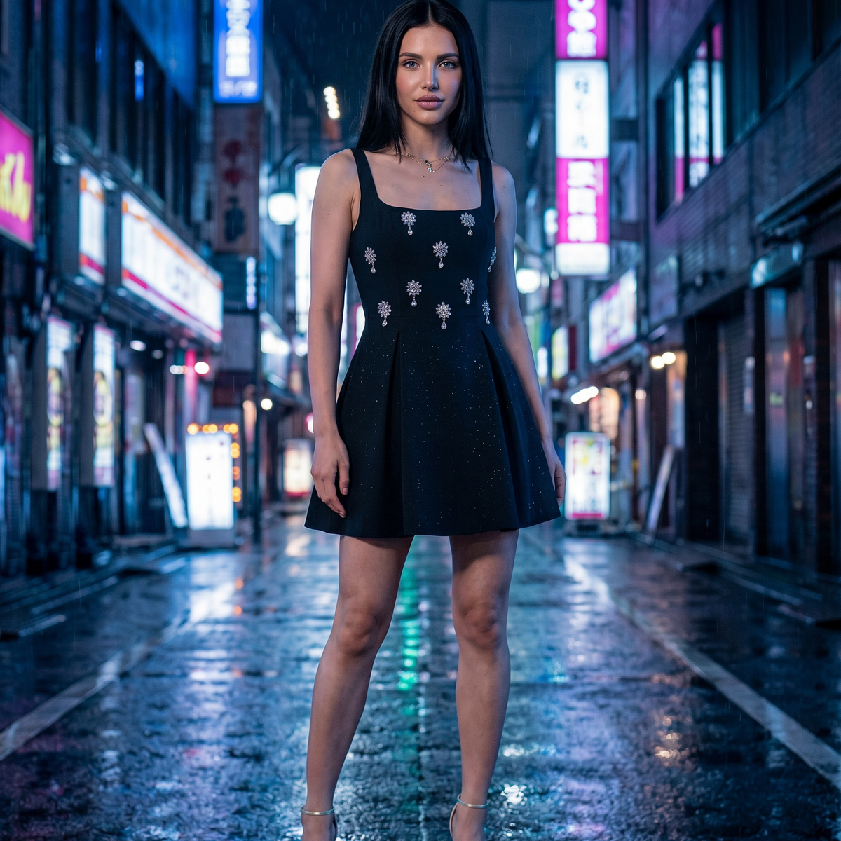 Ebony | Mini Dress with Crystal Floral Embellishment