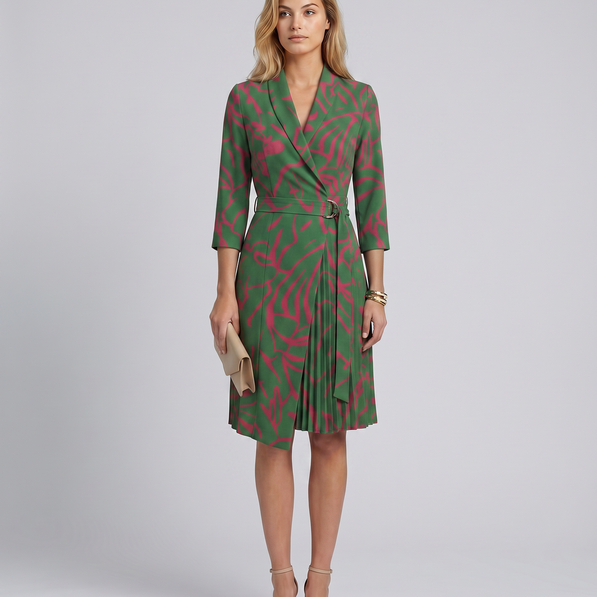 Ilene | Midi Dress with Pleated Skirt and Wrap Blazer Design
