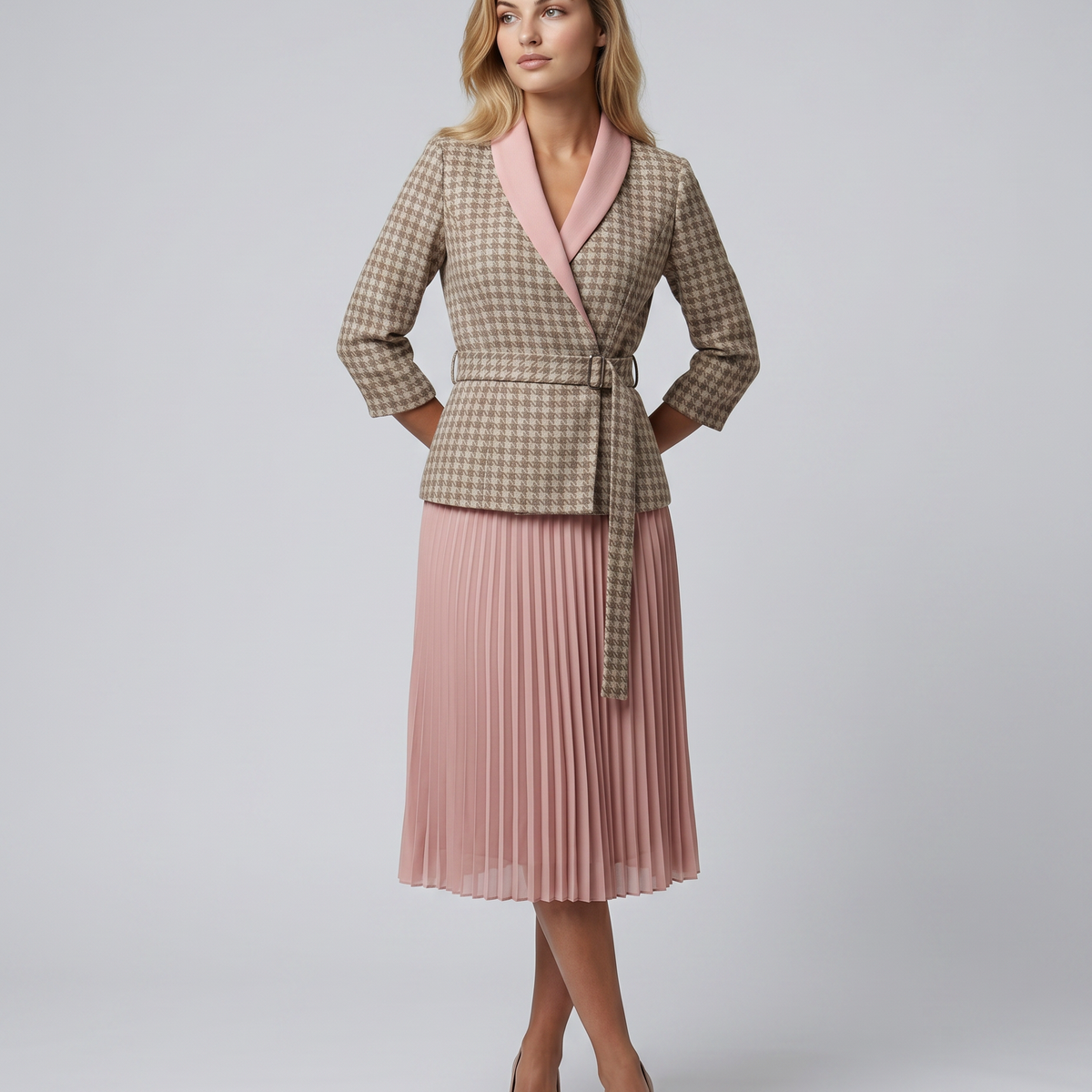 Ilene | Midi Dress with Pleated Skirt and Wrap Blazer Design