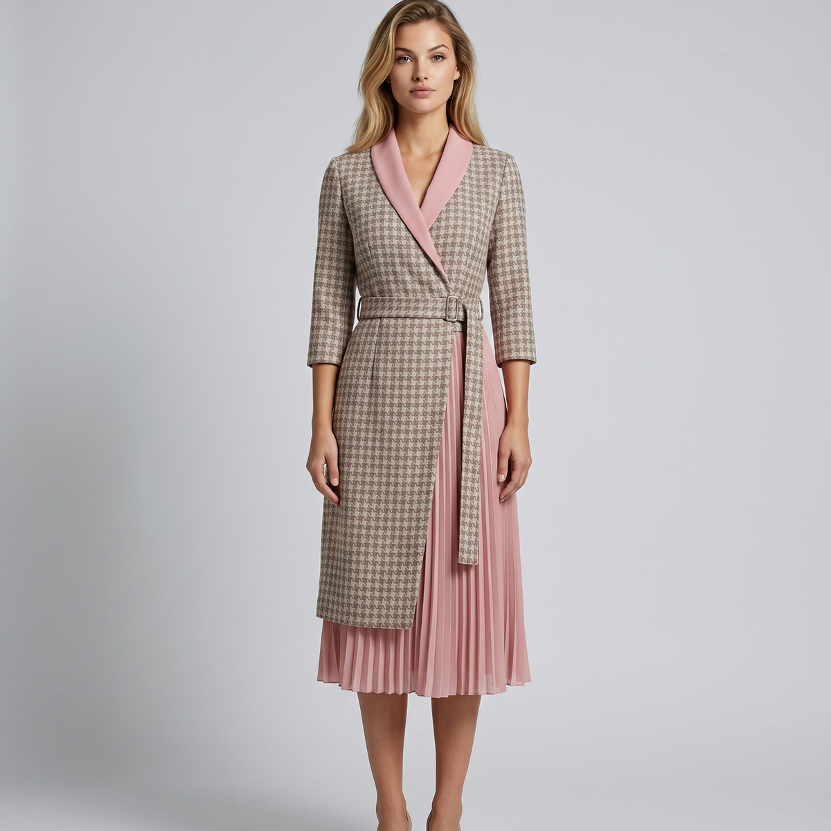 Ilene | Midi Dress with Pleated Skirt and Wrap Blazer Design
