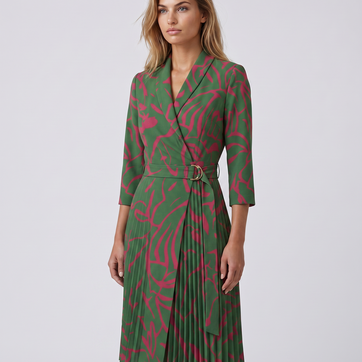 Ilene | Midi Dress with Pleated Skirt and Wrap Blazer Design