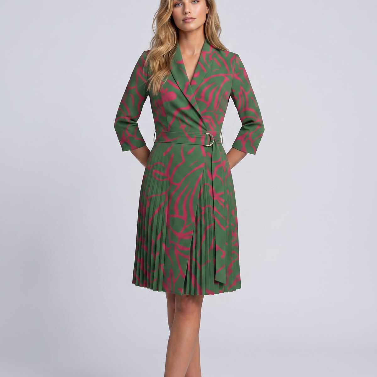 Ilene | Midi Dress with Pleated Skirt and Wrap Blazer Design
