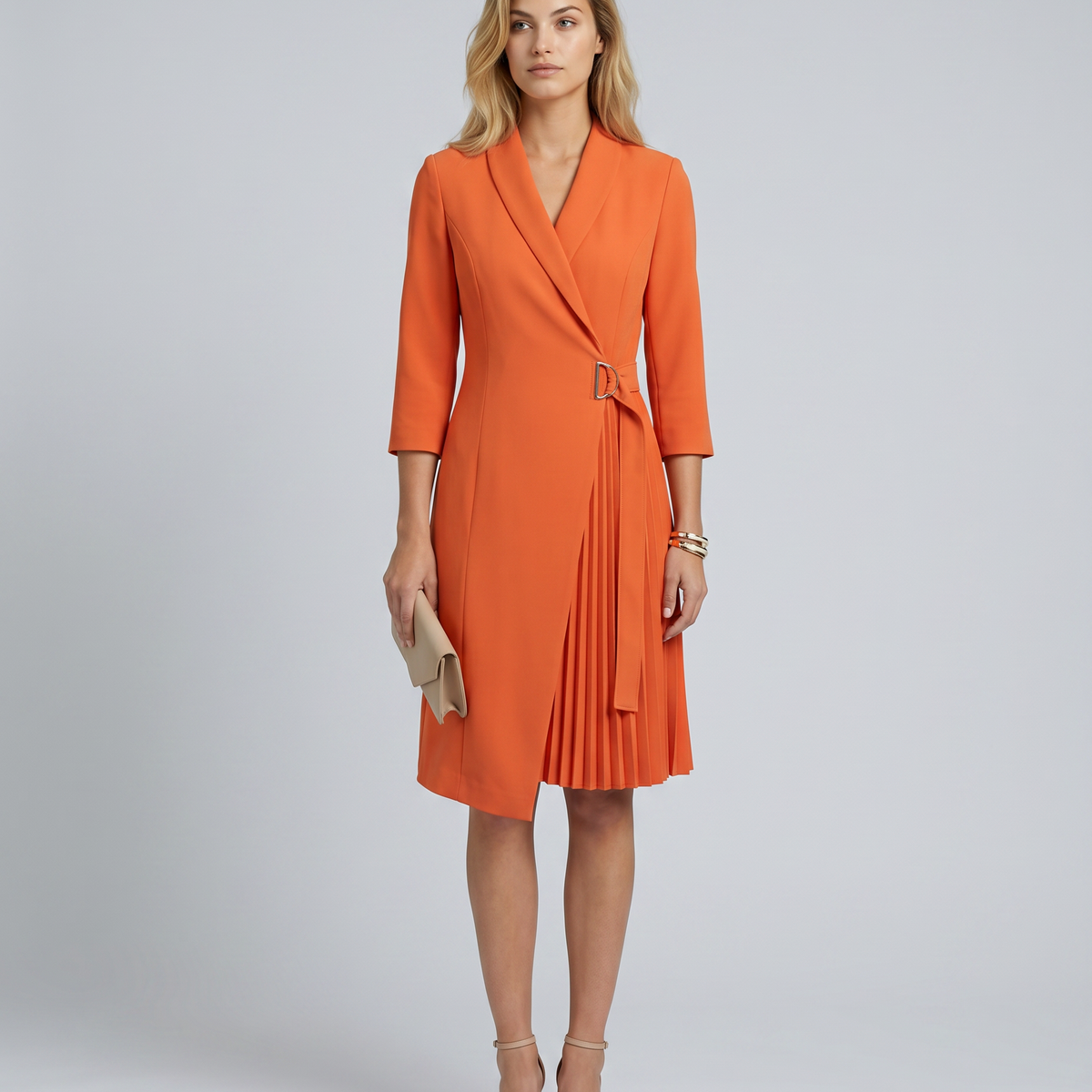 Ilene | Midi Dress with Pleated Skirt and Wrap Blazer Design