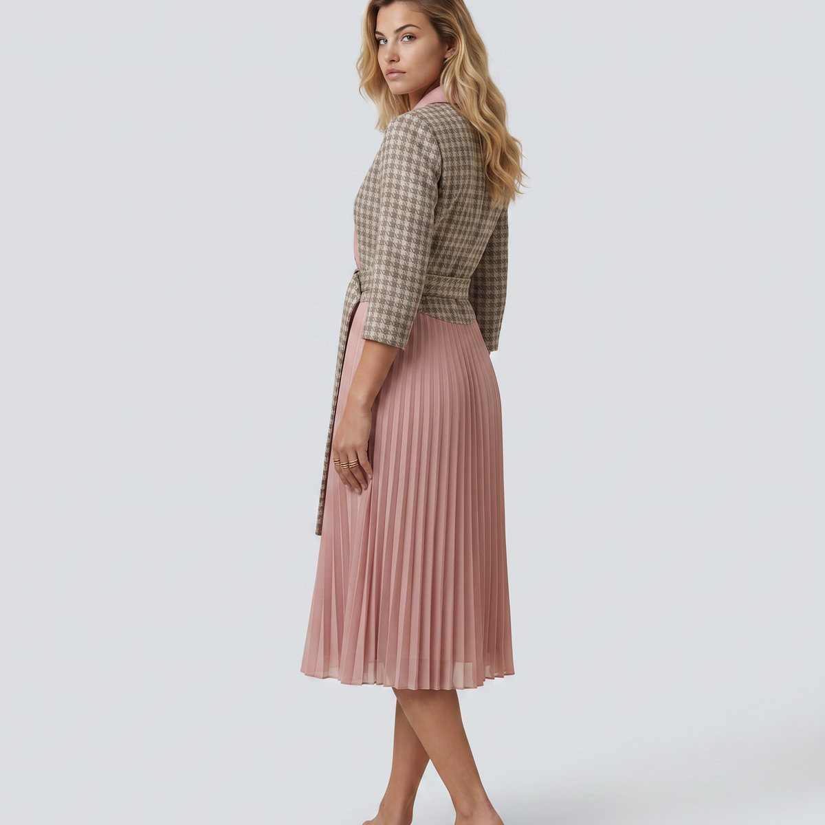 Ilene | Midi Dress with Pleated Skirt and Wrap Blazer Design