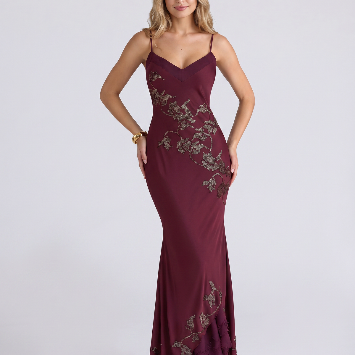 Tiffany | Maxi Dress with Beaded Embellishment and Asymmetric Hem