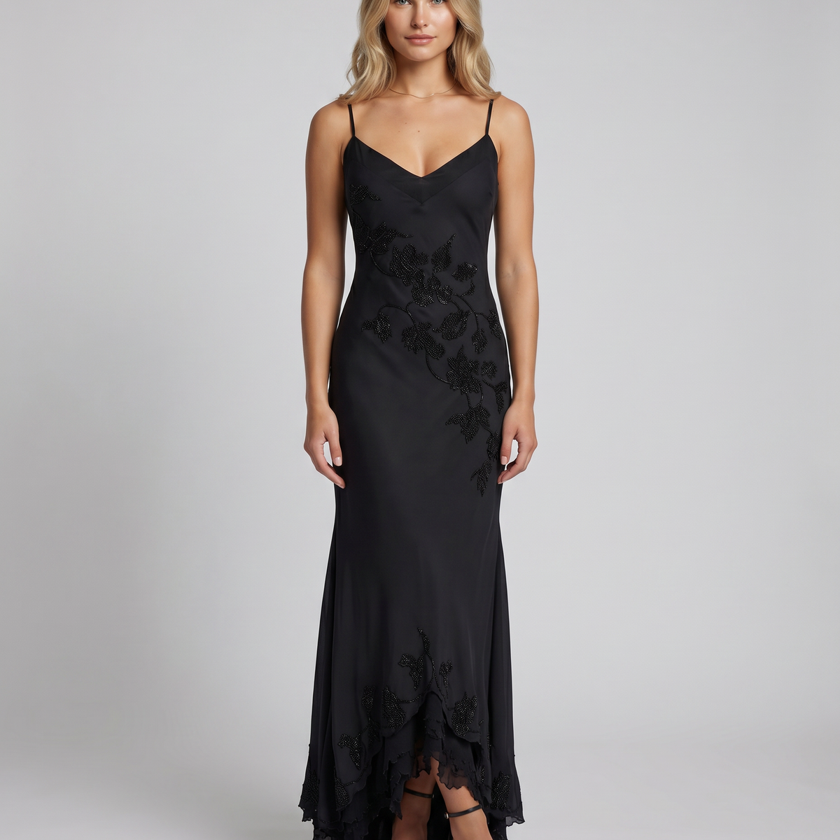 Tiffany | Maxi Dress with Beaded Embellishment and Asymmetric Hem