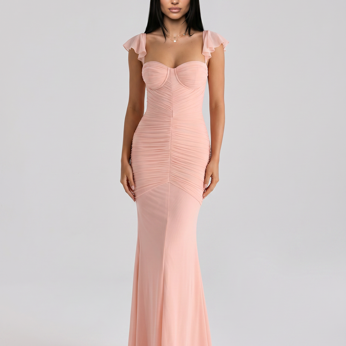 Antonella | Maxi Dress with Ruched Mesh and Cap Sleeves