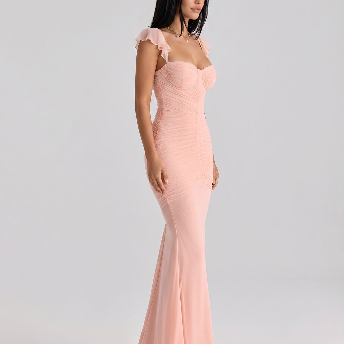 Antonella | Maxi Dress with Ruched Mesh and Cap Sleeves