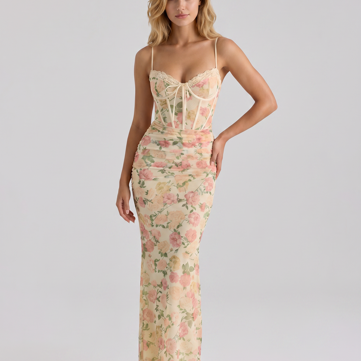Kayla | Maxi Dress with Floral Print and Mesh Overlay