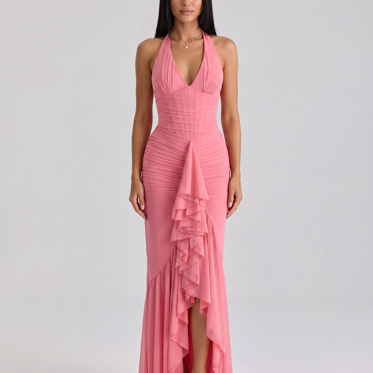 Shelby | Maxi Dress with Halter Neck and Waterfall Ruffle